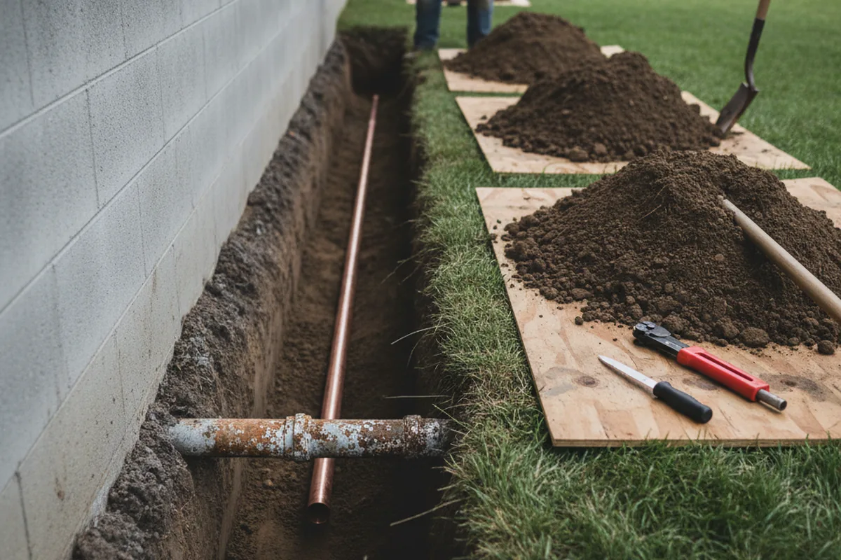 Excavated water line trench during Water Heater Repair in Belleville